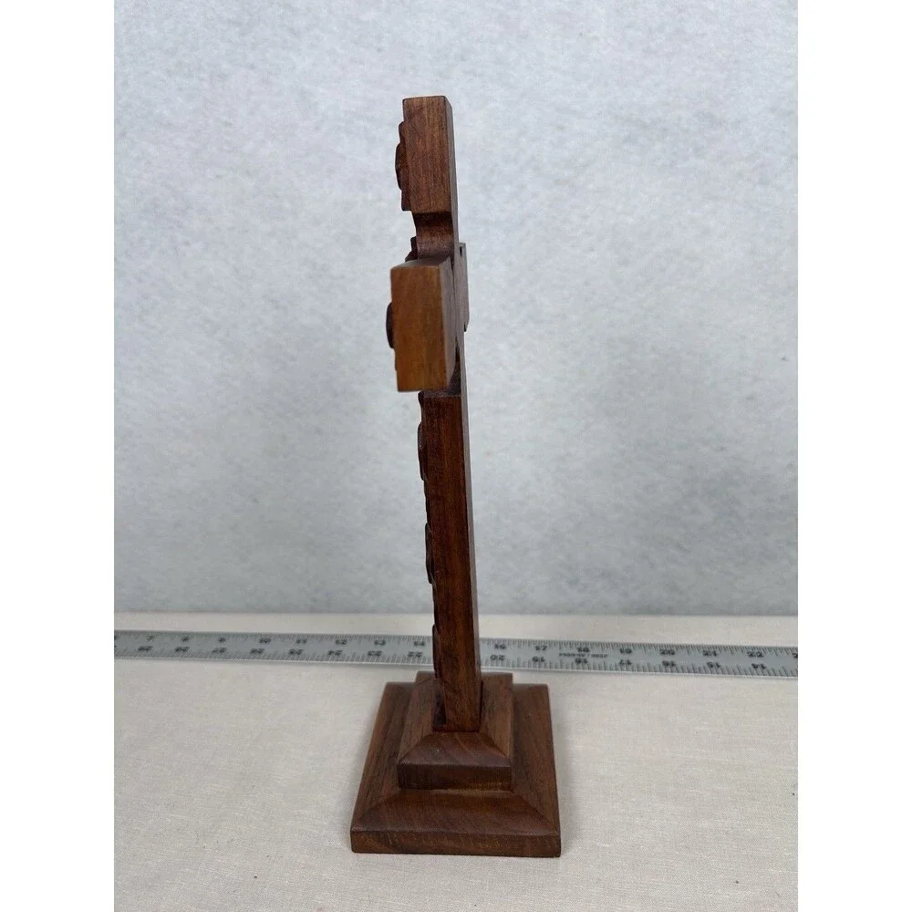 VTG Wood table top cross 75 hand-carved 12 in signed dated folk art chip-carving
